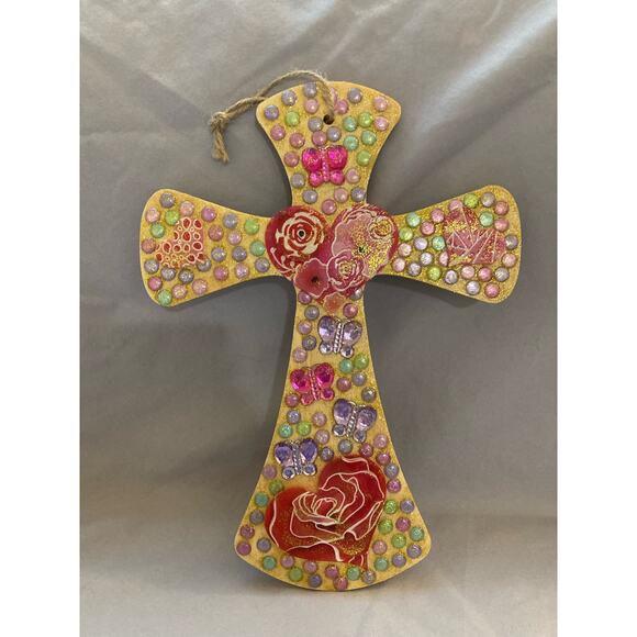 Heart and Butterflies Cross Wall Decor Colorful Handwoven - Picture 1 of 5